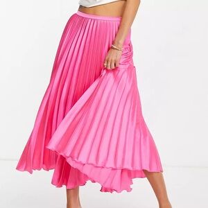ASOS Satin Pleated Midi Skirt in Hot Pink | Size 2